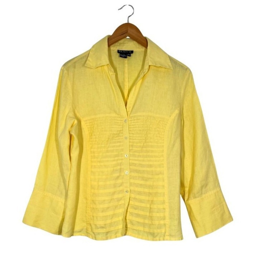 Tracy M. Women's‎ XL Yellow Linen Button Down Blouse 3/4 Sleeve Pintuck Front